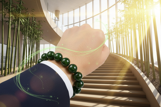 佩戴墨绿色古法金砂香灰琉璃串珠手串，体现木质生发的特点，给人以提升事业，蒸蒸日上的场景